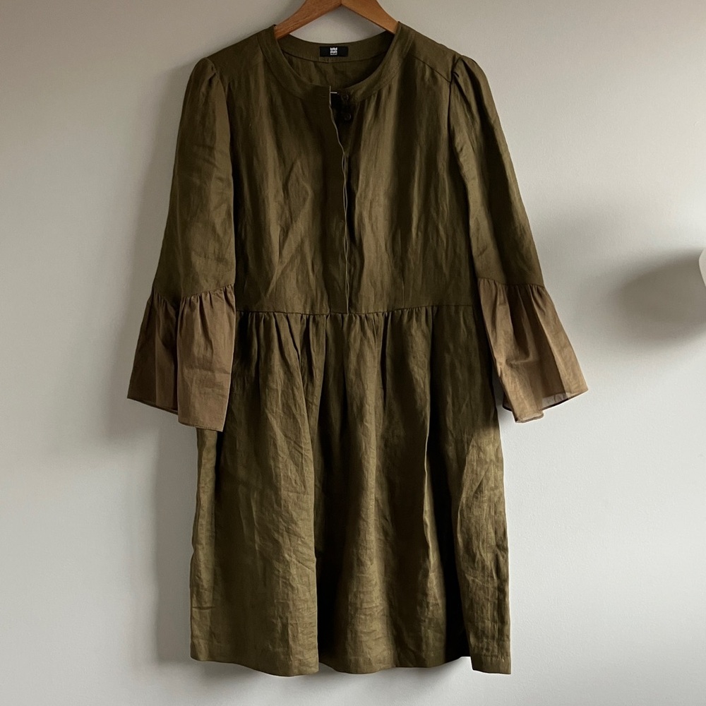 RIANI Olive Green Long Sleeve Linen mini flowy Dress Contrast Sleeve Ruffles